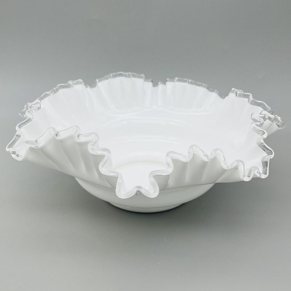 Large 13" Fenton Silver Crest Double Crimp Petticoat Milk Glass Bowl Centerpiece